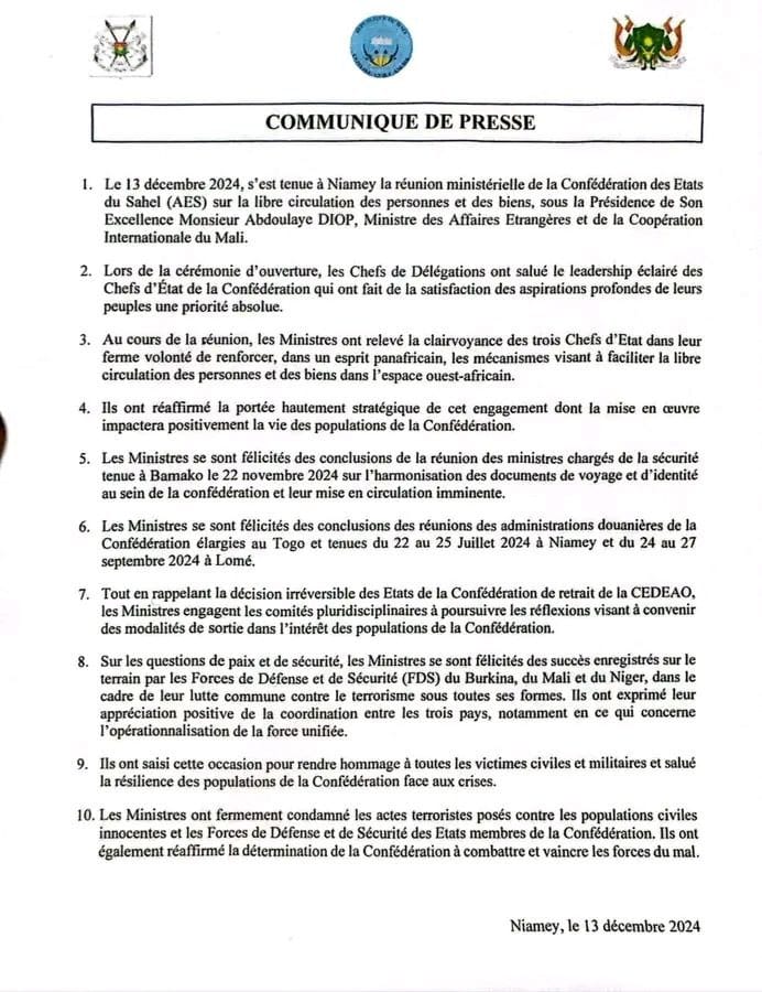 REUNION MINISTERIELLE DE L’AES : La libre circulation des personnes et des biens au cœur des débats